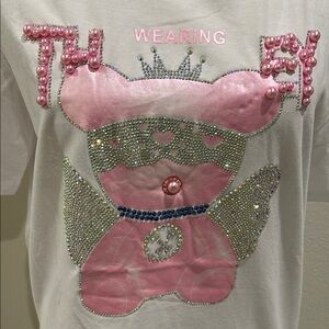 Embellished White Tee with Pink Bear Design